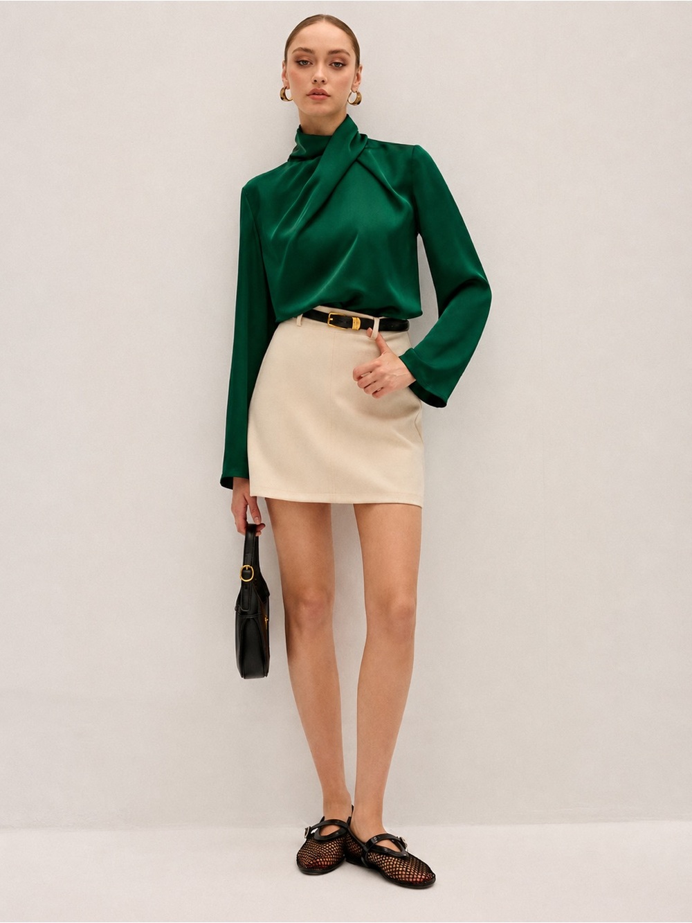 Commense Satin Draped High Neck Blouse